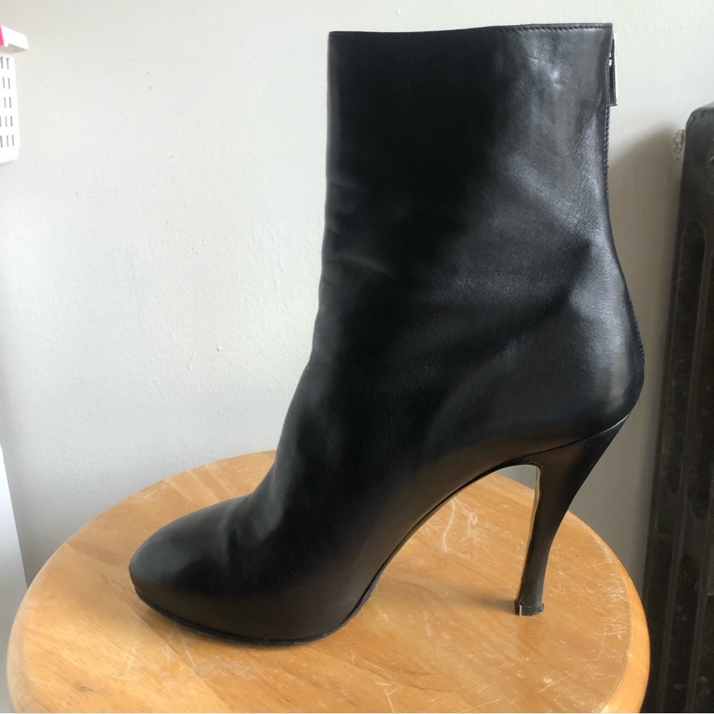 LeSilla black Italian leather 4.5” stick heel bootie, rounded semi-pointed toe